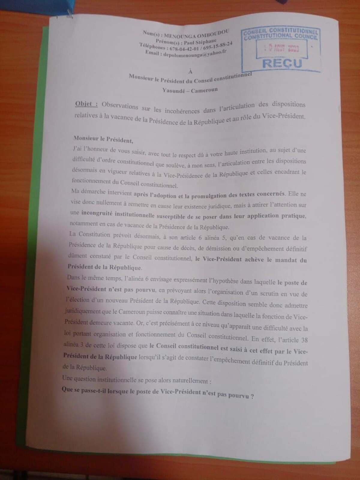 Absence de Paul Biya : Paul Stéphane Menounga saisit le Conseil constitutionnel