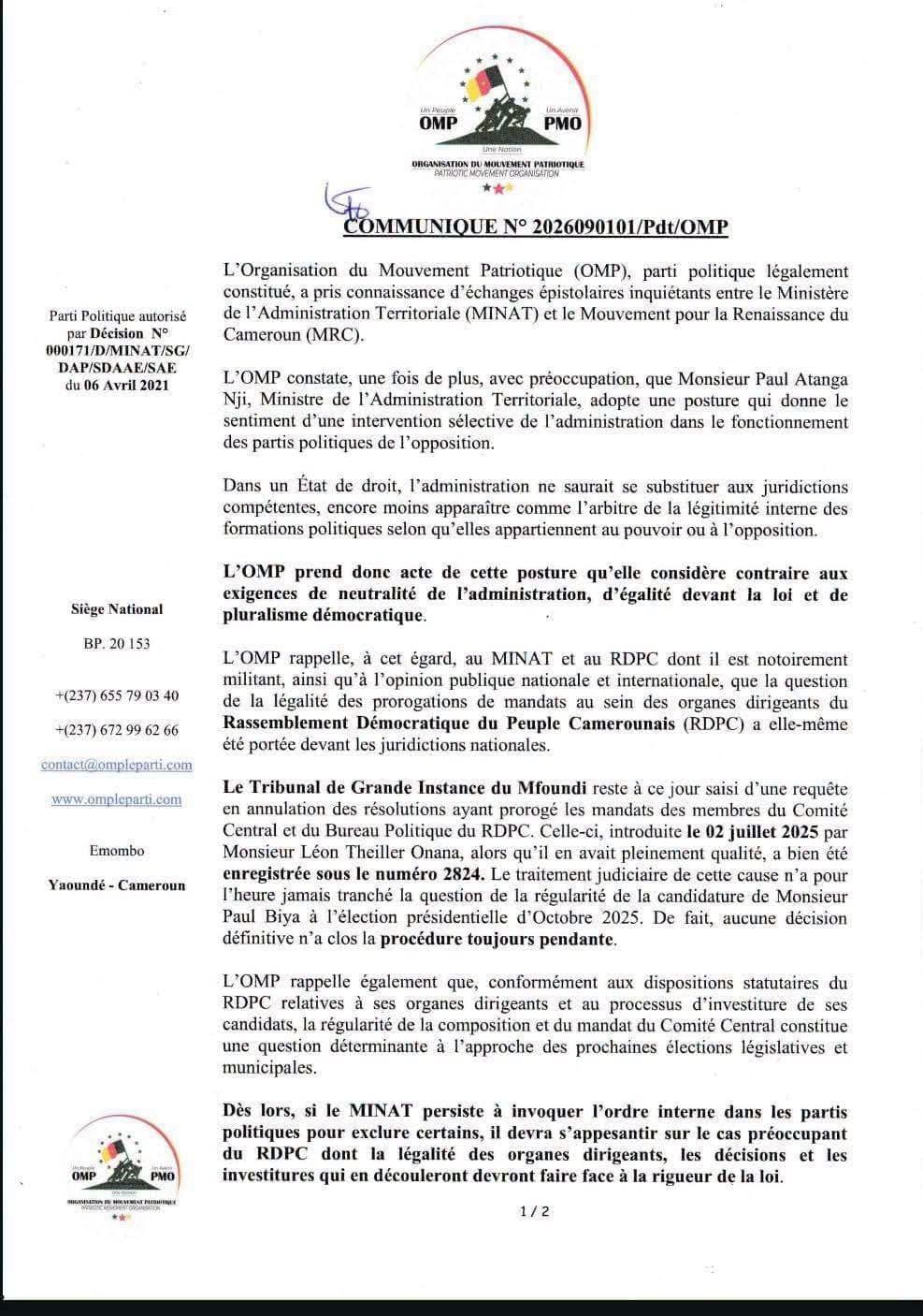 Affaire MRC : Léon Thellier Onana interpelle le MINAT et réclame le même traitement pour le RDPC