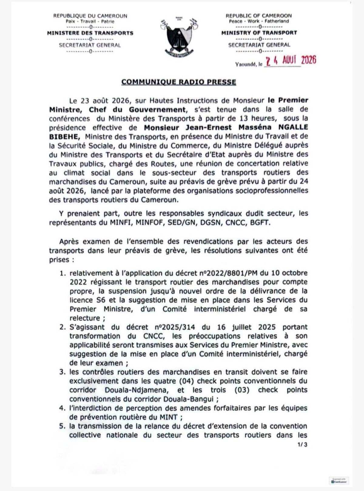 Cameroun : la grève des transporteurs annulée après une nuit de négociations