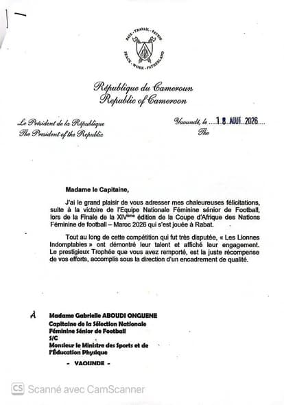 CAN Féminine : Paul Biya a écrit à Aboudi Onguene
