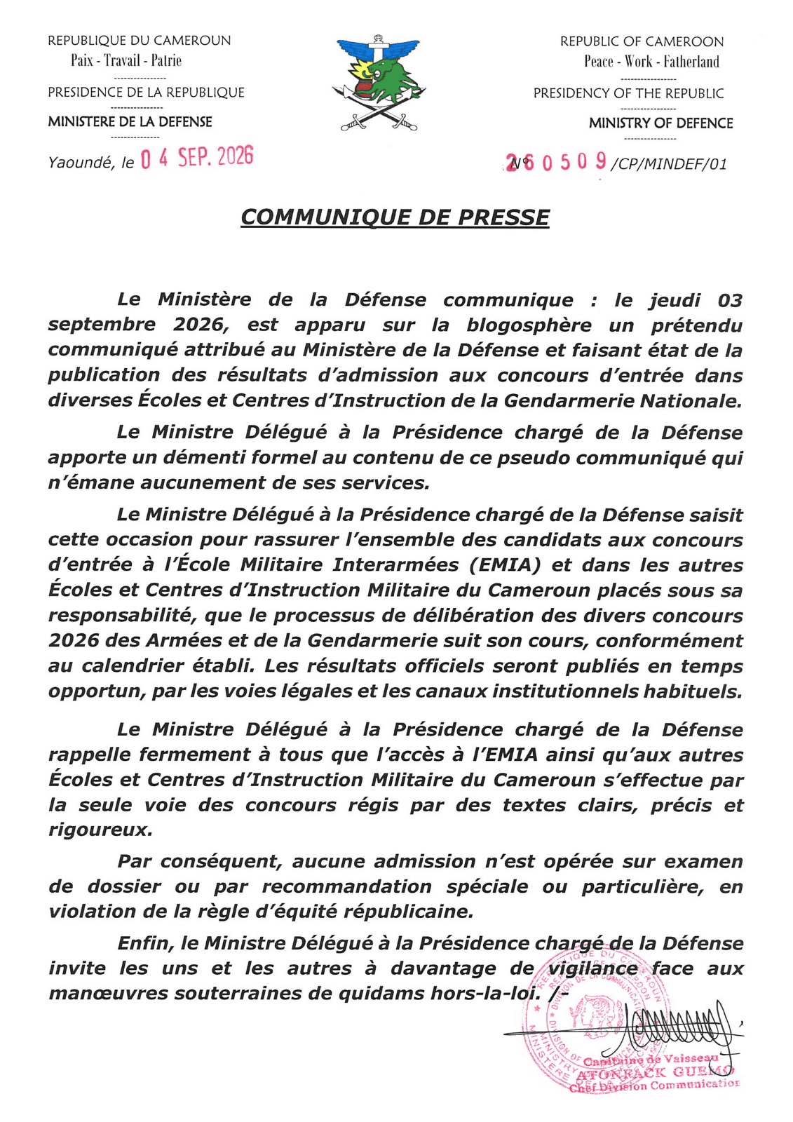 Concours militaires 2026 : le MINDEF dément un faux communiqué sur les admissions