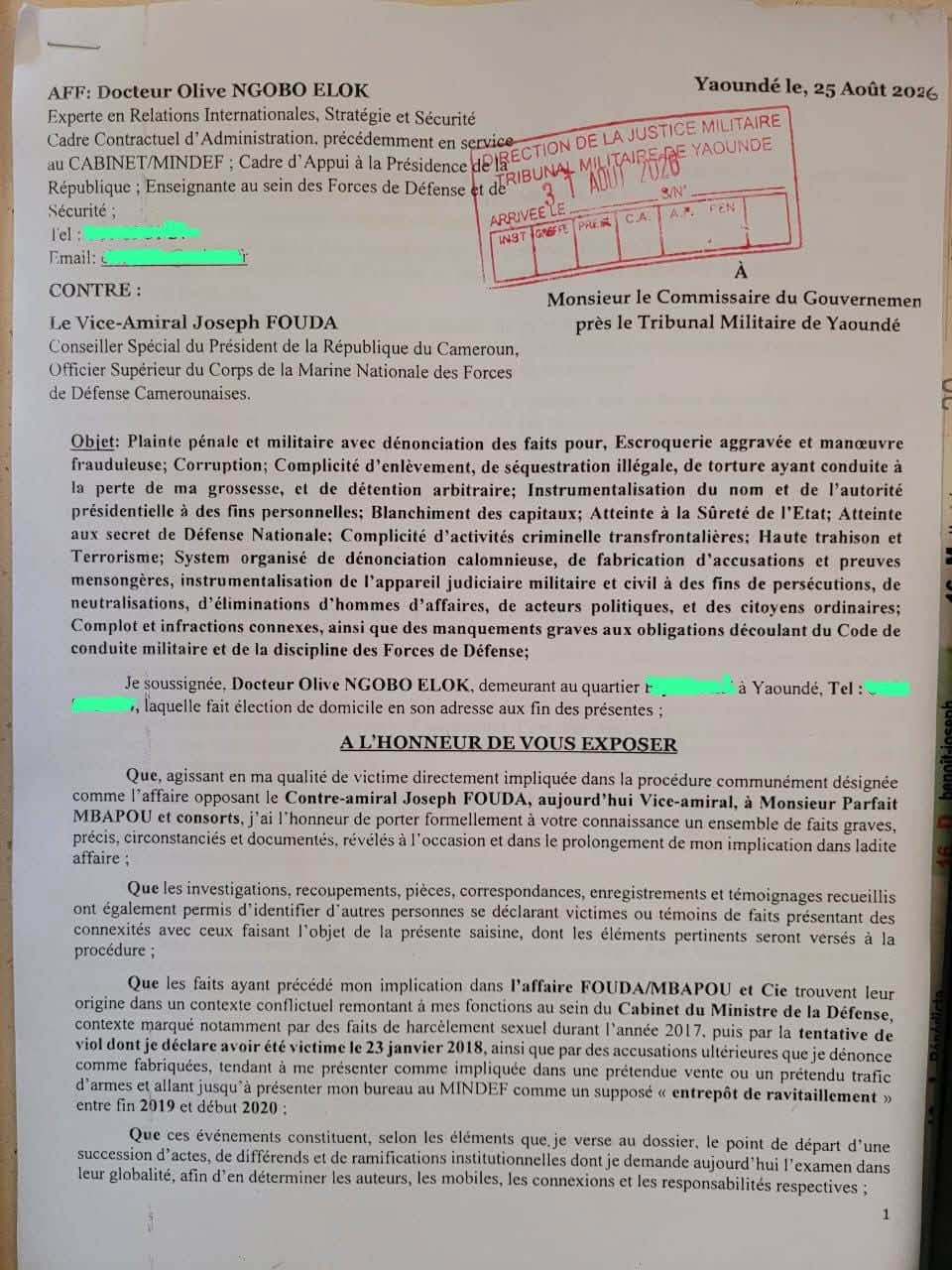 Dr Olive Ngobo saisit la justice militaire contre le vice-amiral Joseph Fouda