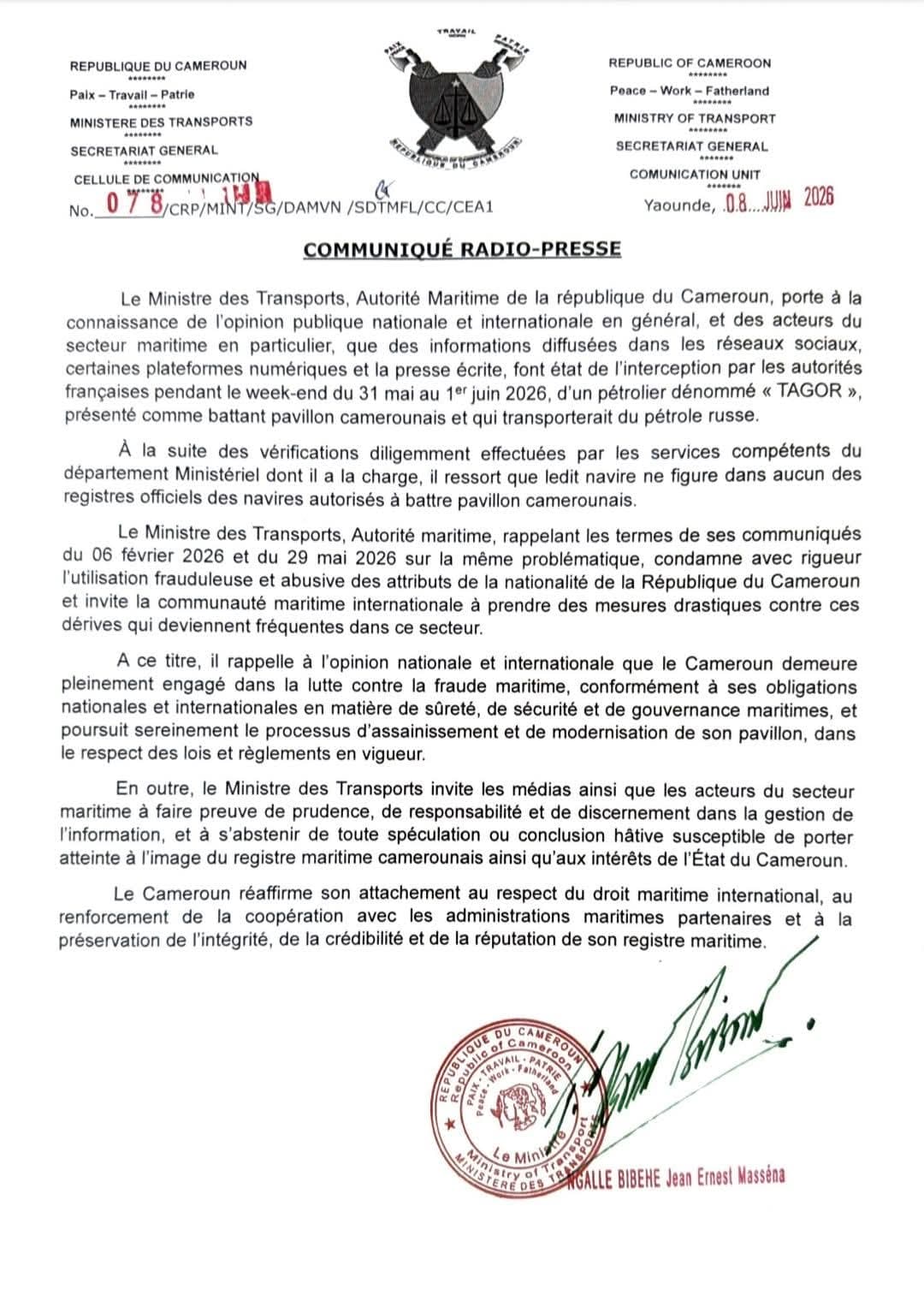 Le Cameroun dément tout lien avec le pétrolier « TAGOR »