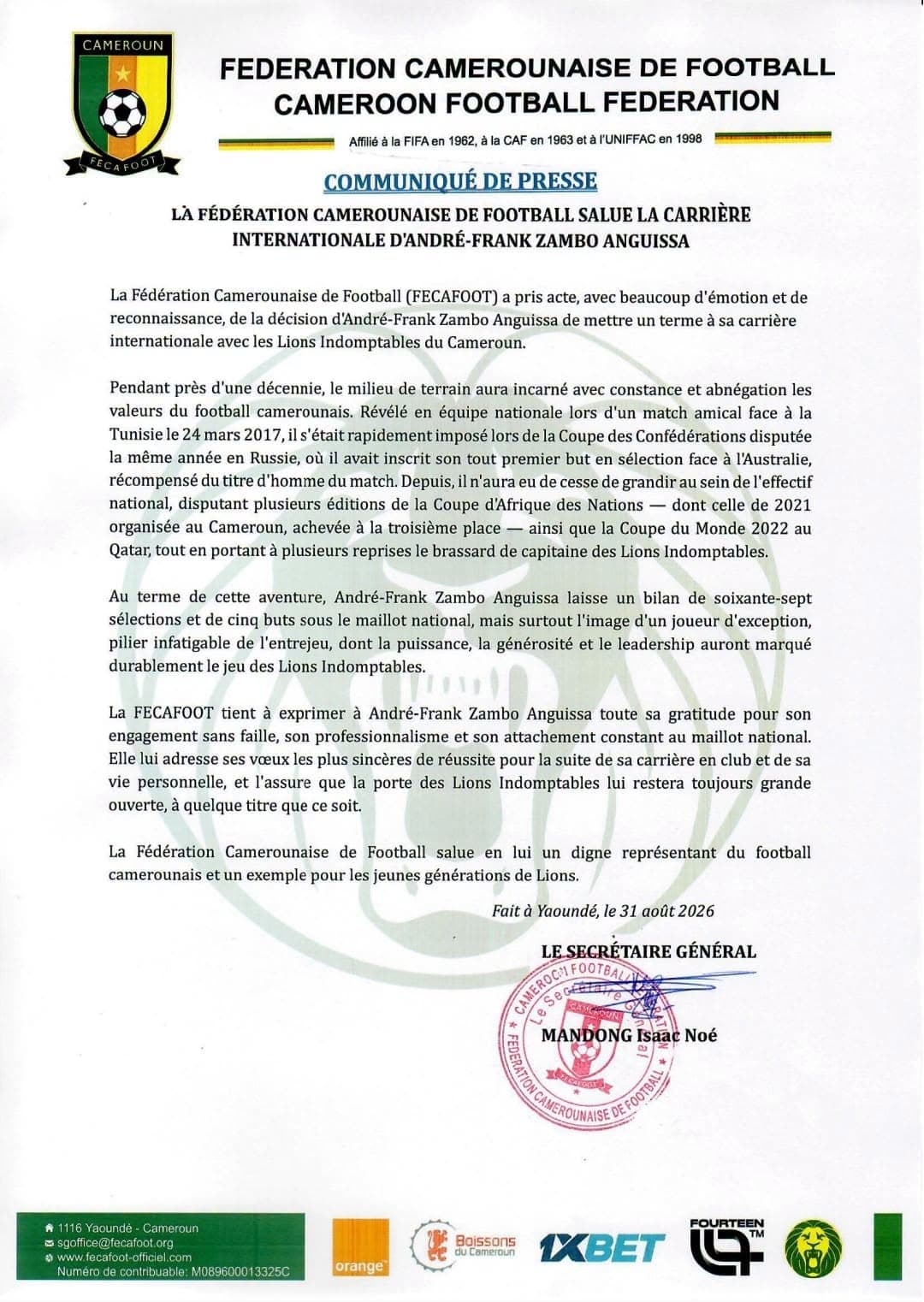 Lions Indomptables : la FECAFOOT salue le départ de Zambo Anguissa