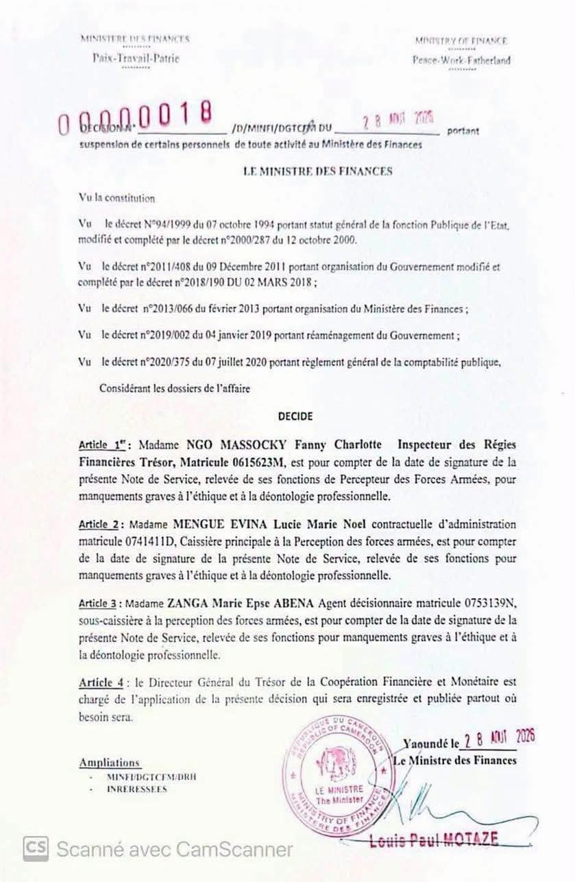 MINFI : trois agentes de la Perception des Forces armées relevées de leurs fonctions
