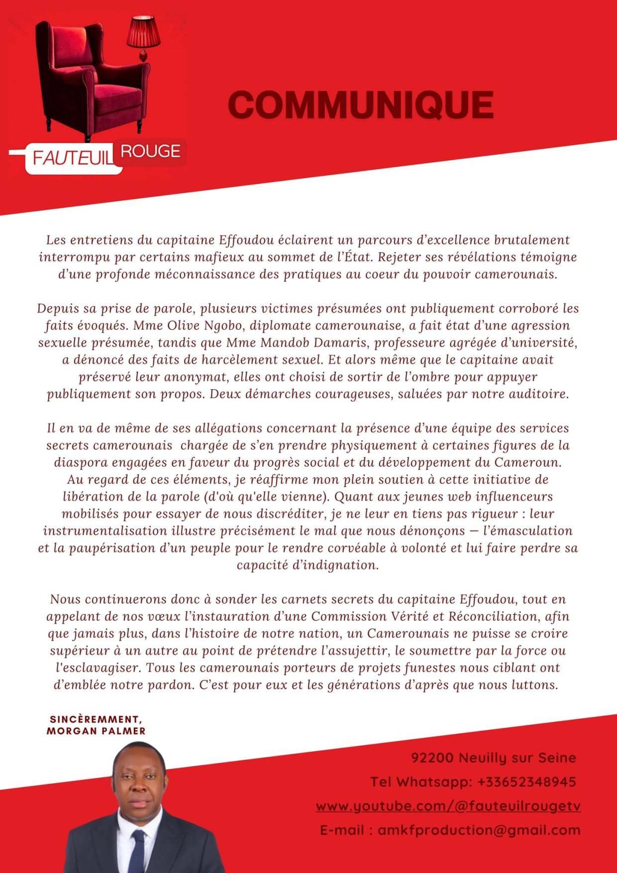 Morgan Palmer : « les révélations du capitaine Effoudou doivent être entendues »