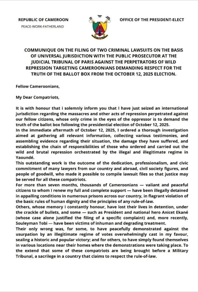 Opposition Leader, Tchiroma Bakary Files Lawsuits in France Against Paul Biya , Others Over Post-Electoral Repression