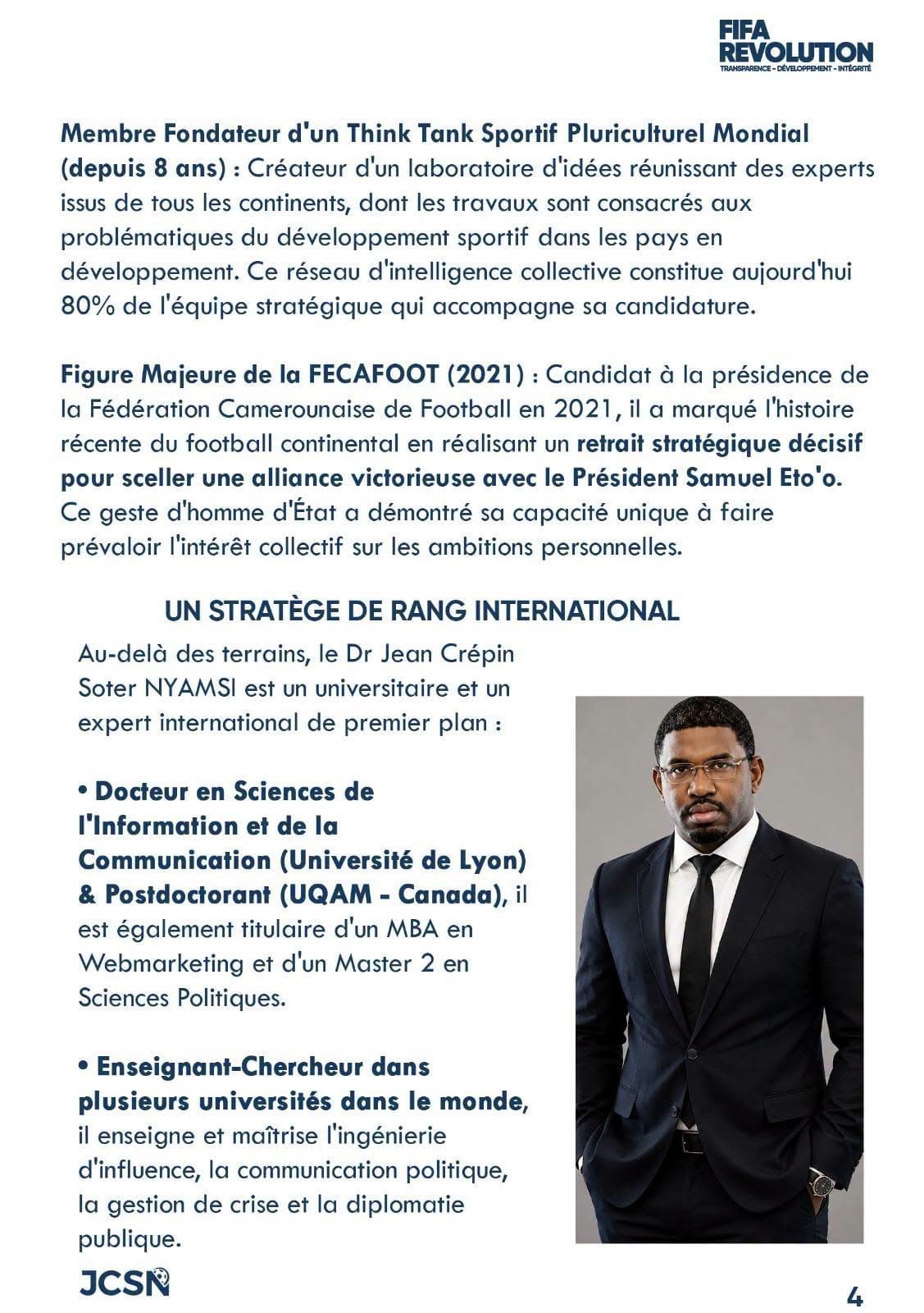 Présidence de la FIFA : Jean Crépin Nyamsi dévoile les atouts de sa candidature