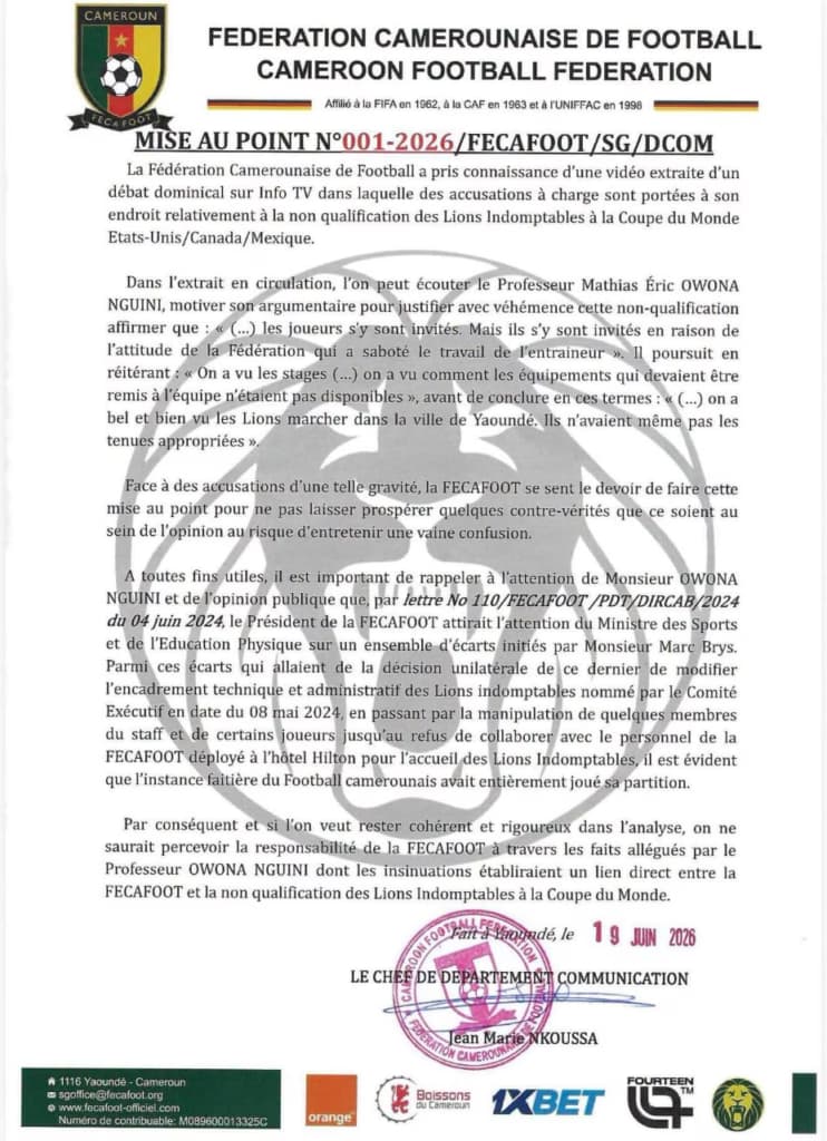 Non-qualification du Cameroun au Mondial 2026 : la FECAFOOT répond sèchement à Owona Nguini